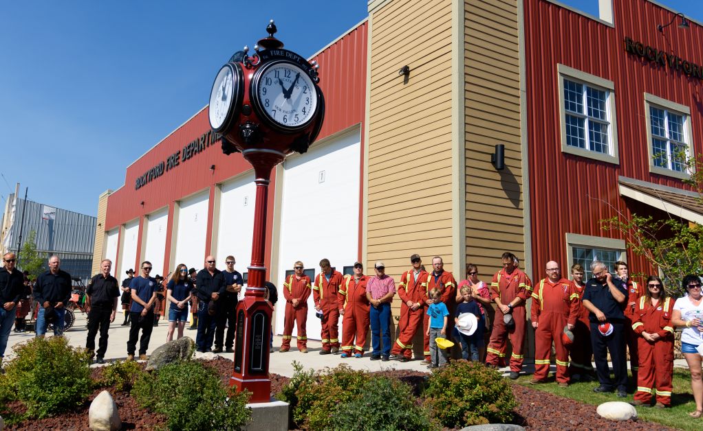 On Saturday, July 31, the Rockyford Fire Department paid tribute to their fallen firefighters with a $40,000 clock tower. In recent memory, two particular men were recognized for their duty; David (Dave) Mabbott and Richard (Rick) Zachariassen as their names are forever etched into the lower base of the tower. The project took approximately six months to build with a shared cost between the Rockyford Fire Association, Village of Rockyford, and individual volunteer firefighters.