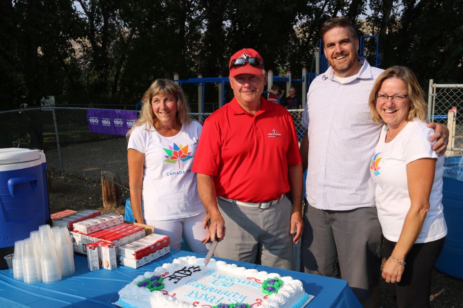 At the cake cutting are (l-r) Kim Masson of the Canada 150 ParticipACTION Playlist committee, Councillor Tom Zariski of the Heritage and Arts Committee, and Patrick Kolafa and Rose Poulson of the  Canada 150 ParticipACTION Playlist committee. submitted
