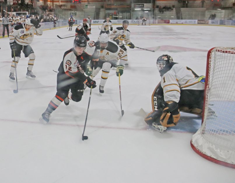 Brady Risk has a chance last Wednesday versus the Olds Grizzlys. The Dragons finished the  preseason with a 5-1 record and open the regular season this Friday versus the Camrose Kodiaks. mailphoto by Patrick Kolafa