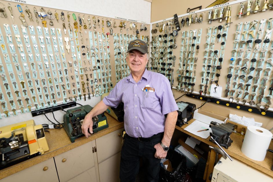 Jerry Schuler, 69, stands inside his business Jerry’s Lock and Key on Friday, March 16. Schuler has donated blood 88 times since he was 18 years old. mailphoto by Terri Huxley