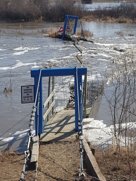 The suspension bridge that once hovered over the Kneehill Creek has since been submerged by the high water levels on Tuesday, April 24. The Carbon Campground area had the most water pooling out of the Kneehill Creek. Photos courtesy of H. Laffin
