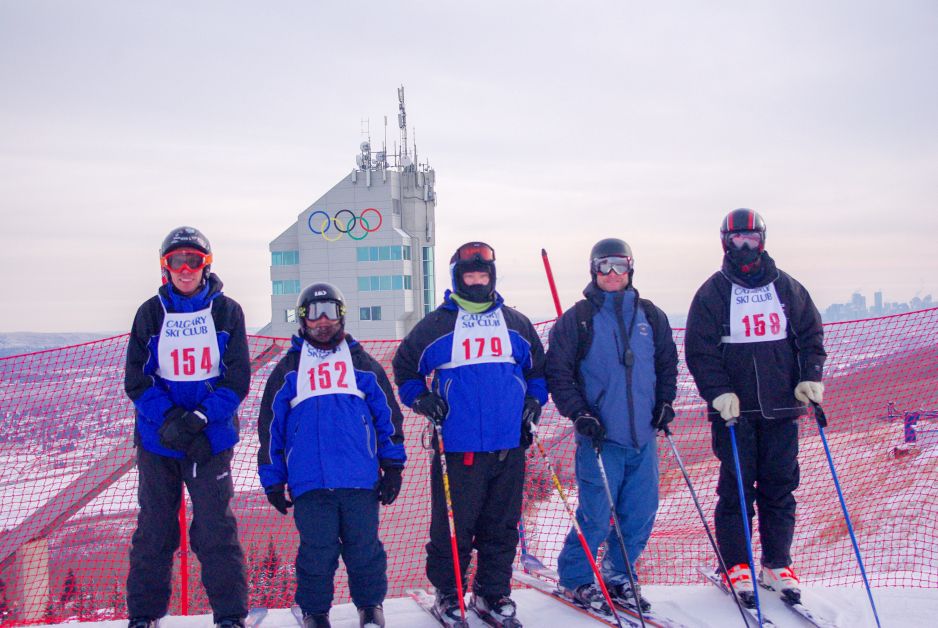 Mitchell Pennington, Quinn Delisle, Jay Dekeyser, Patrick May and Brian Taber stand together in full skiing gear on Sunday, January 28, for the Special Olympics Alberta Alpine Qualifier.