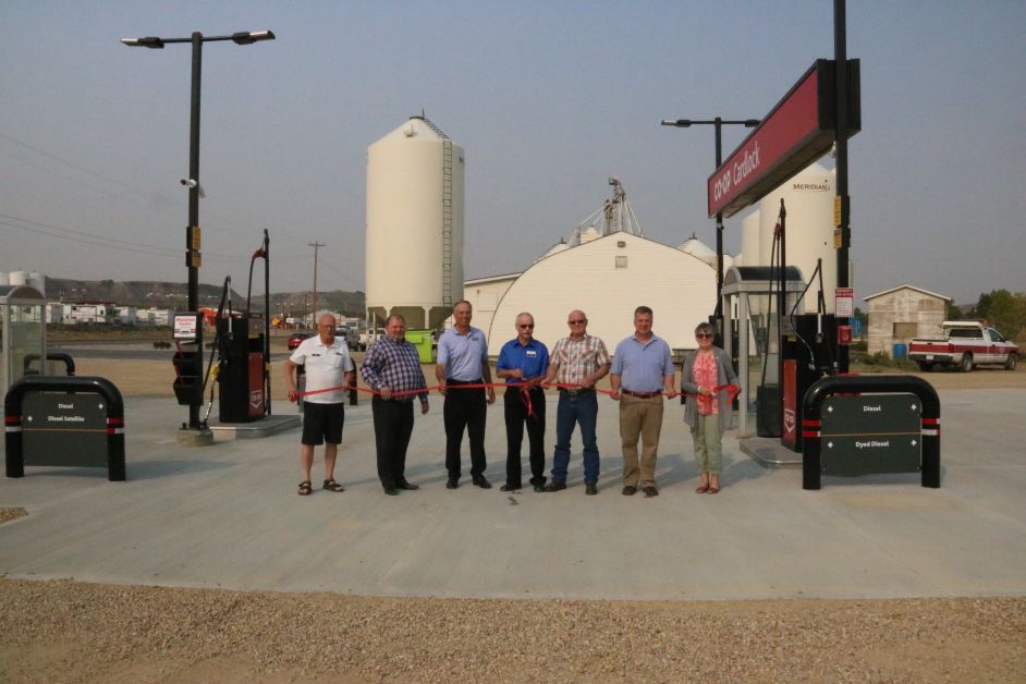 On Thursday, August 31, the new Co-op Cardlock was officially opened. At the ceremony are (l-r)  Director Barry Fullerton, General Manager Brent Walker,  Federated Co-op District Director Joe Bowhay, Co-op Board President Eric Poettcker, Mayor Terry Yemen, Chamber President Brock Harrington and Director Kathy Little. mailphoto by Patrick Kolafa