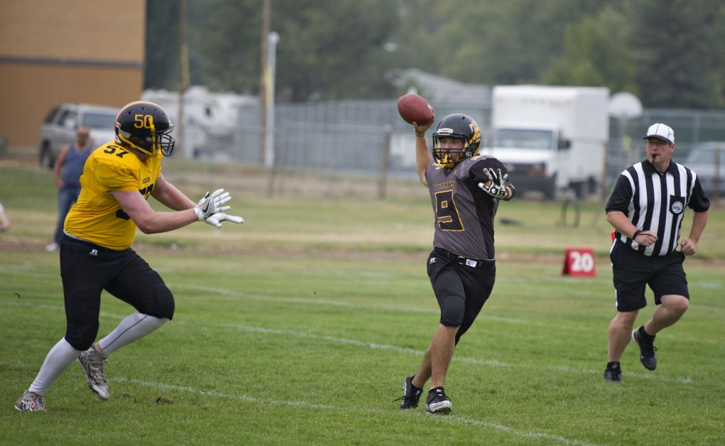 The Senior Titans were strong versus The Olds Spartans Saturday evening, winning 41-6.  Photo courtesy Robin Duncalf